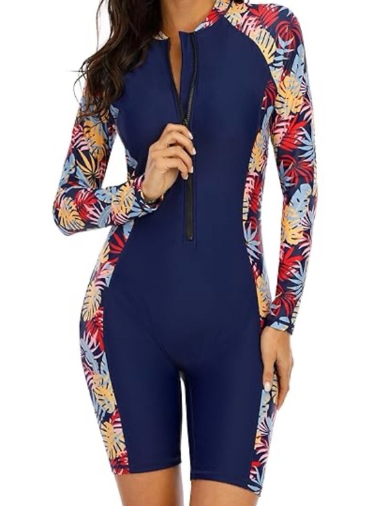 Halcurt Other - Women's Long Sleeve Navy and Tropical Print One-Piece Swim Suit